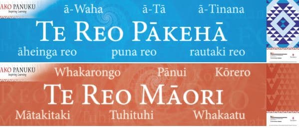 Wall banner: Te Reo Pākehā | Te Reo Māori