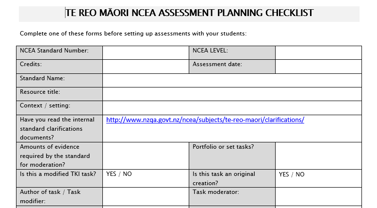 Te Reo Māori - assessment planner