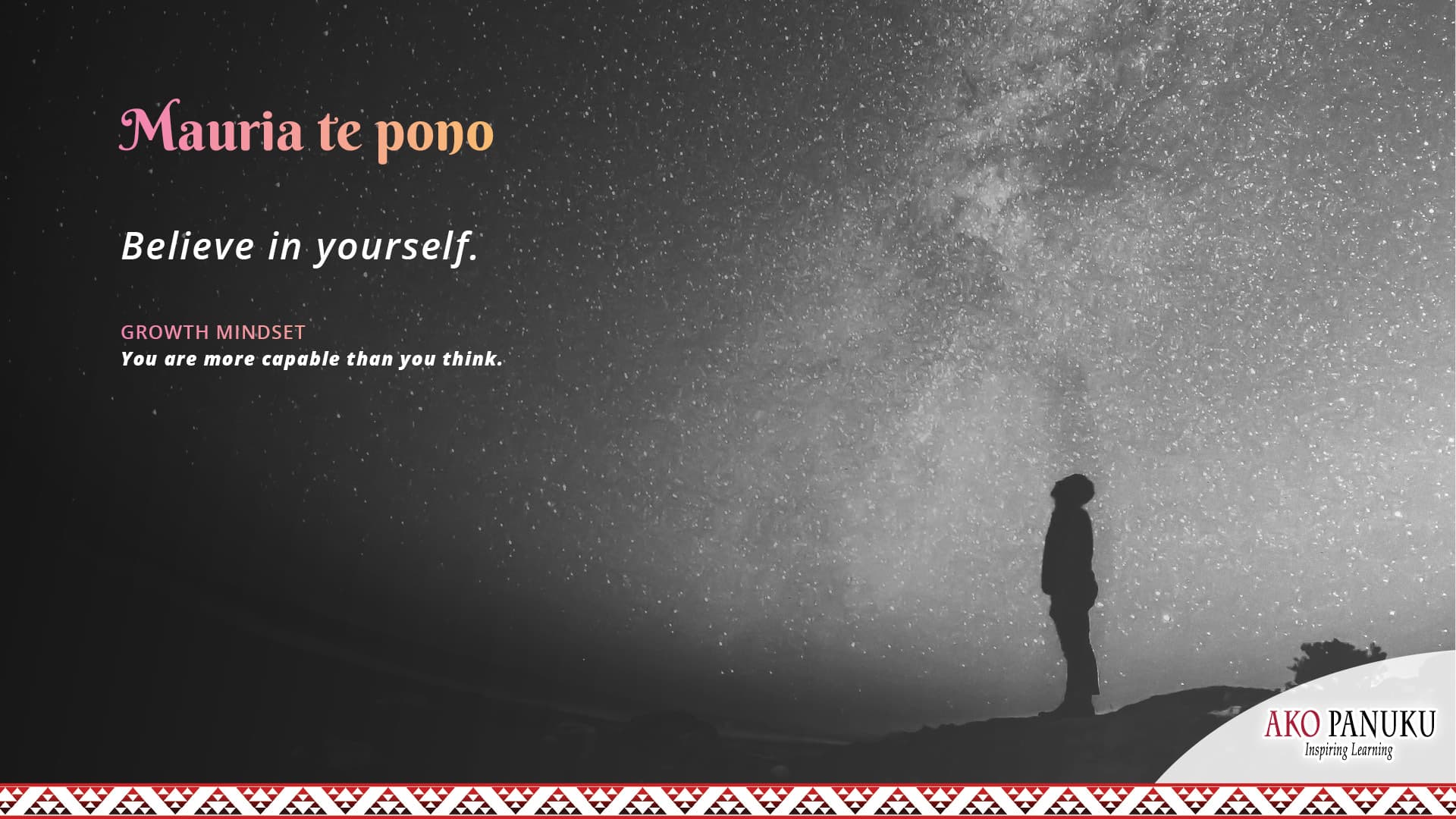 “Mauria te pono.” A virtual background to add to your online classroom profile. Black and white.